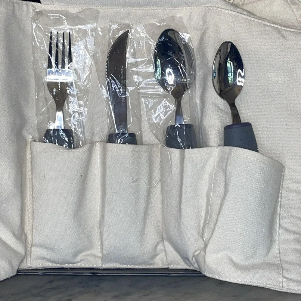 BunMo Adaptive Rubber Grip 4 pc Grey Dinner Utensil Set Canvas Travel Wrap Light